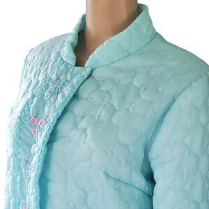 VTG Sears Quilted Robe L Mint Green Lined Floral Embroidery Full-Length Pockets